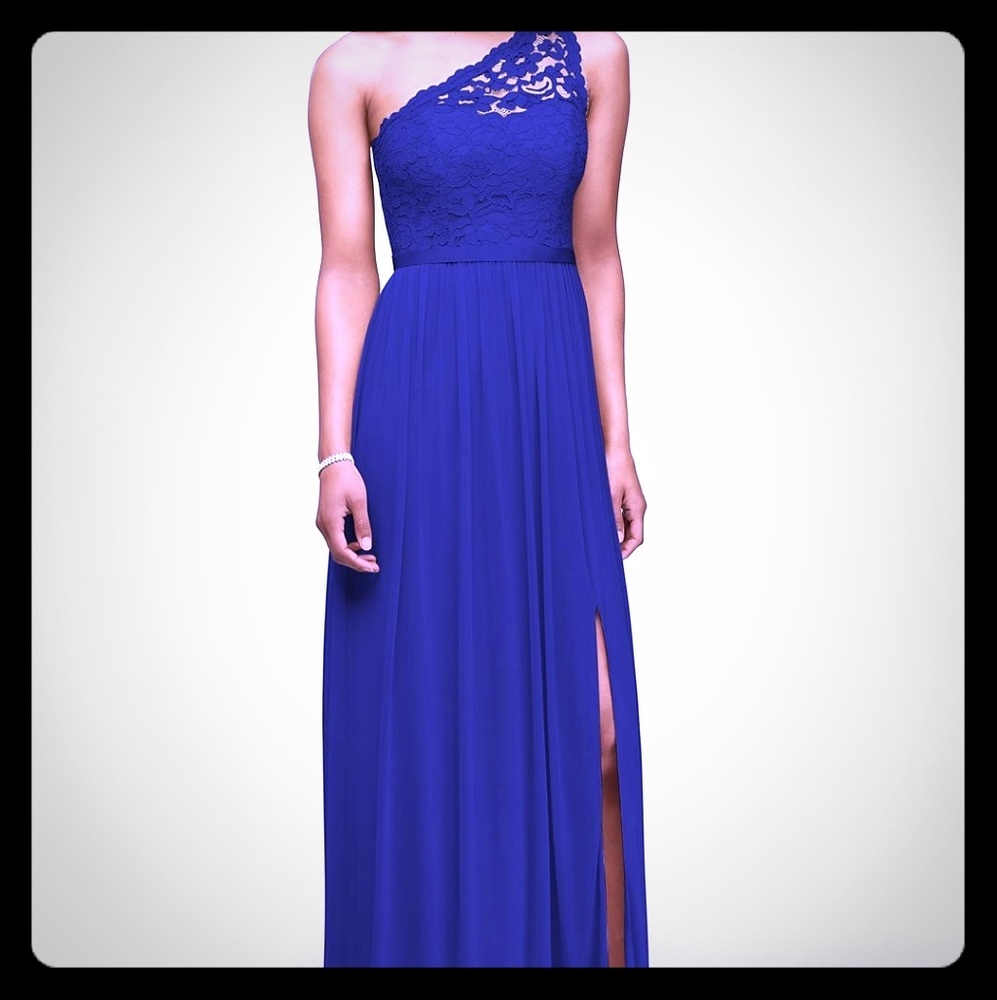 One shoulder lace and mesh dress- Cobalt Blue